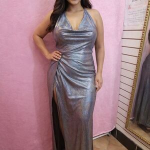 Halter Metallic Sheen Evening Gown in Iridescent Silver